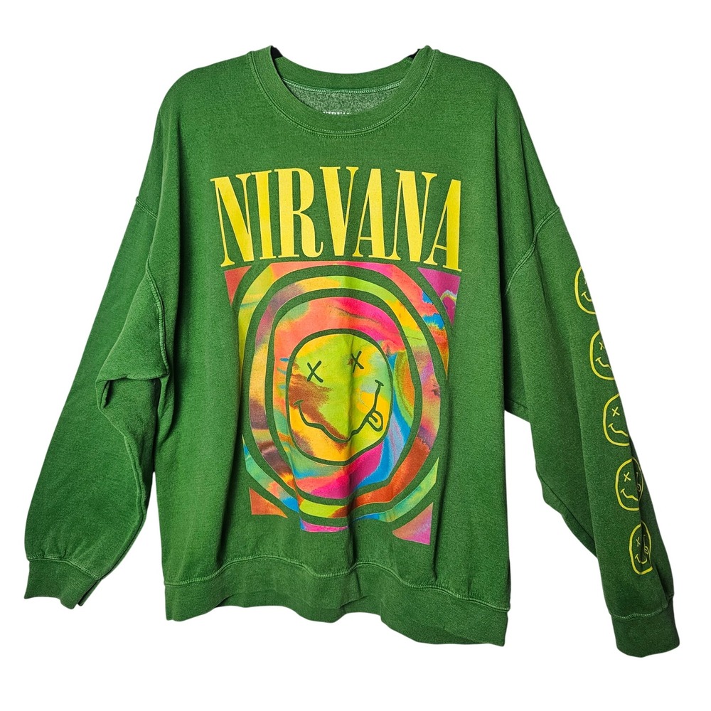 Nirvana Spiral Smiley Face Tie Dye Graphic Sweatshirt L/XL Green Grunge